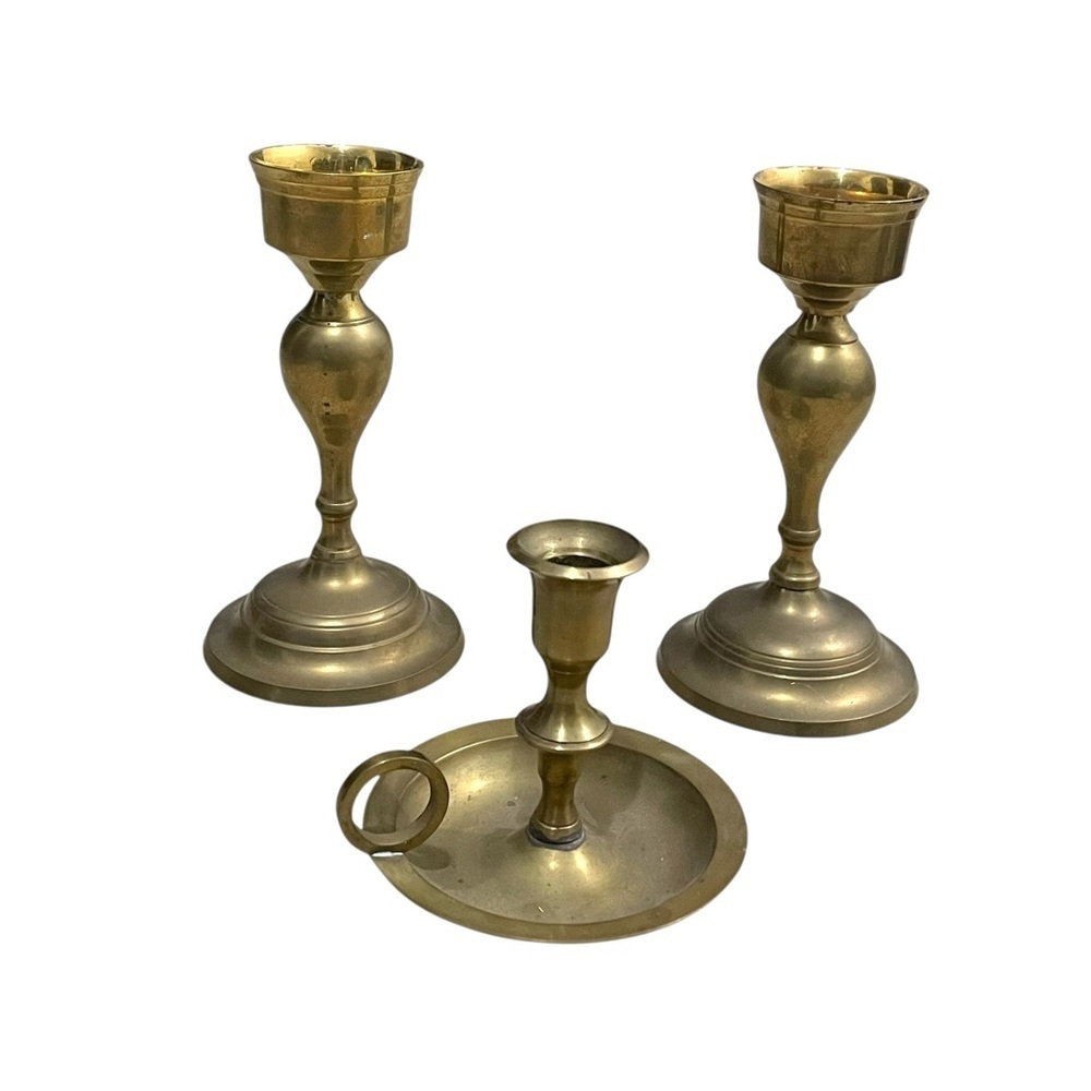 Vintage Handmade Solid Brass Candle Holders Set of 3